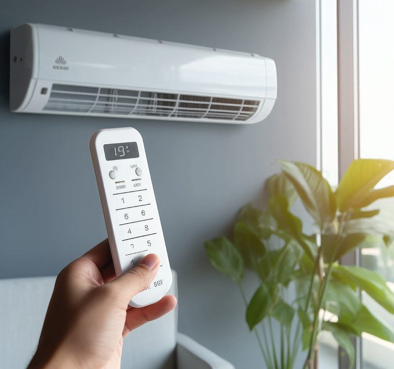 cooling in Tillsonburg & surrounding areas as shown with a close up of hand holding the A/C remote